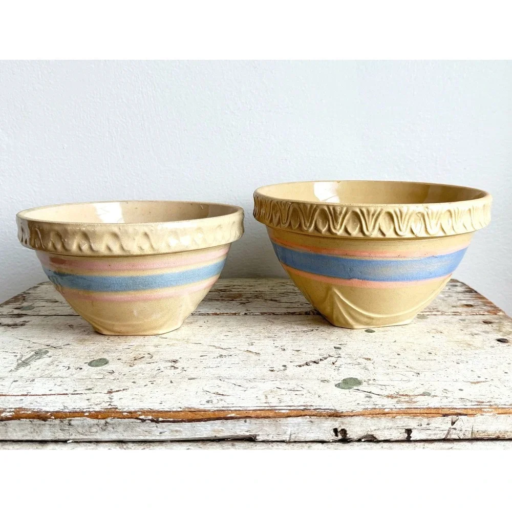 Vintage USA Yellowware Mixing Bowl Set Pastel Blue Pink Stripes 2pc